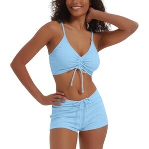 NWOT Blue Ribbed Bikini Set With Boy Shorts Size Large